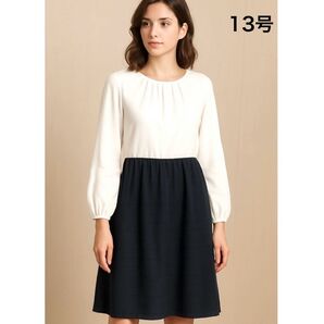 【美品】シフォンブラウス切り替えワンピース 白×紺 13号 フォーマルワンピース セレモニーワンピース 長袖 ドッキングワンピ