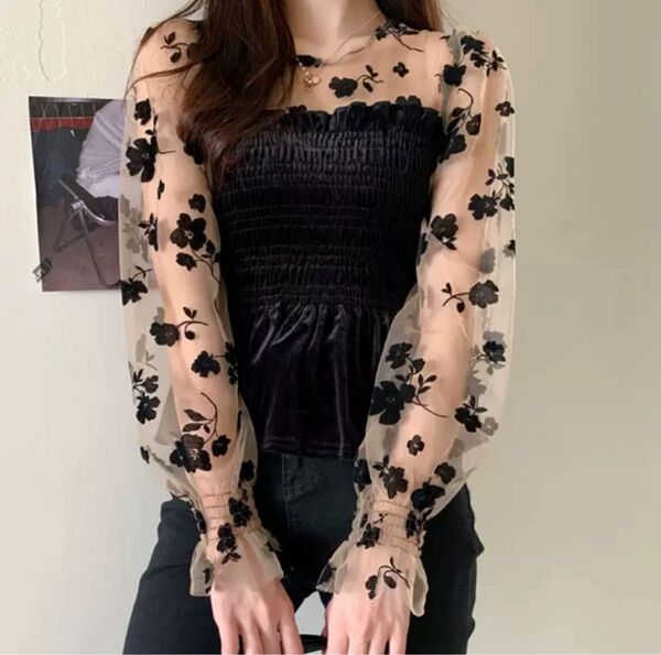 【売れてます】花柄 シースルー ベロア トップス M ギャザー ファッション ブラック 長袖 ショート丈 韓国 ブラウス