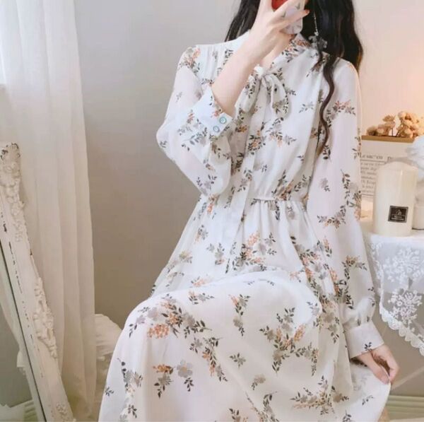 【人気商品】花柄 ロング ワンピース M アイボリー 長袖 ファッション 韓国 レディース 綺麗め デート 女子会