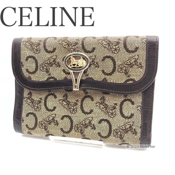 希少 美品 CELINE セリーヌ 折財布 C 馬車 キャンバス ヴィンテージ