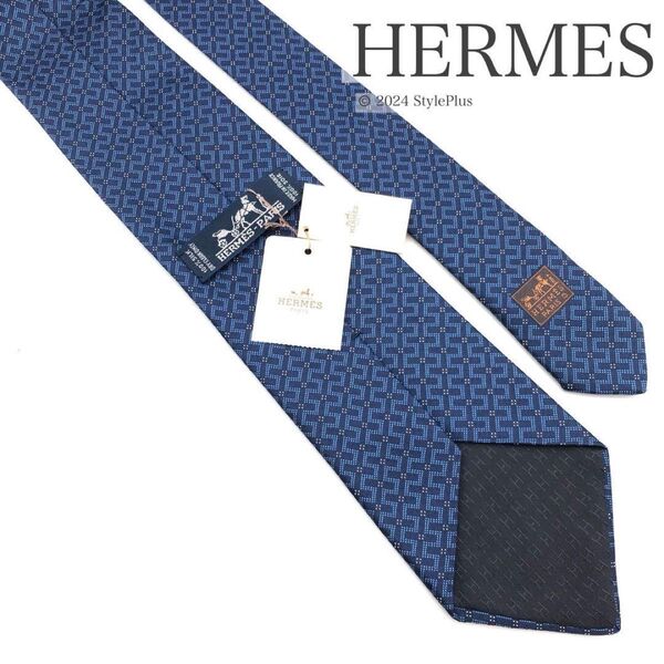 【美品】エルメス HERMES ネクタイ 総柄 ブルー系 シルク タグ付き