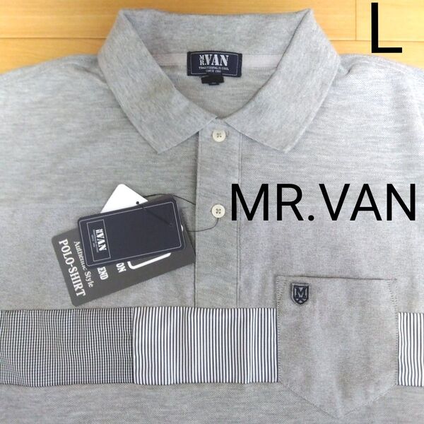 L ミスターヴァン MR.VAN 新品 半袖ポロシャツ 灰 メンズ 紳士 アウトドア スポーツ ゴルフウェア 胸ポケット
