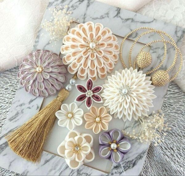 つまみ細工 髪飾り 成人式 結婚式 卒業式 七五三 振袖 浴衣 ハンドメイド くすみピンク 折り鶴イヤリング ヘアアクセサリー