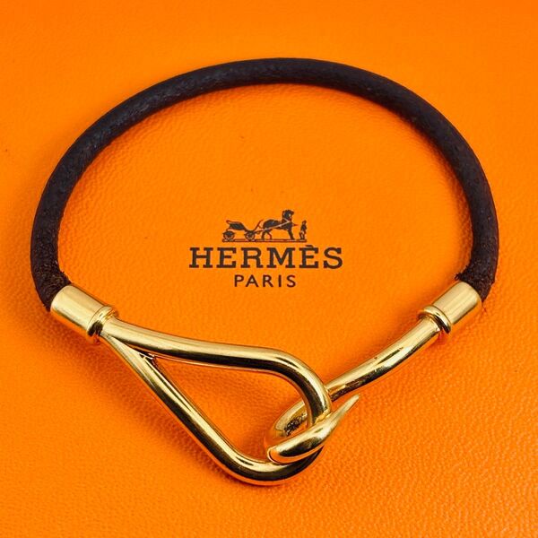 【極美品】エルメス ジャンボ ブレスレット ゴールド&ブラウン HERMES レザー シルバー金具
