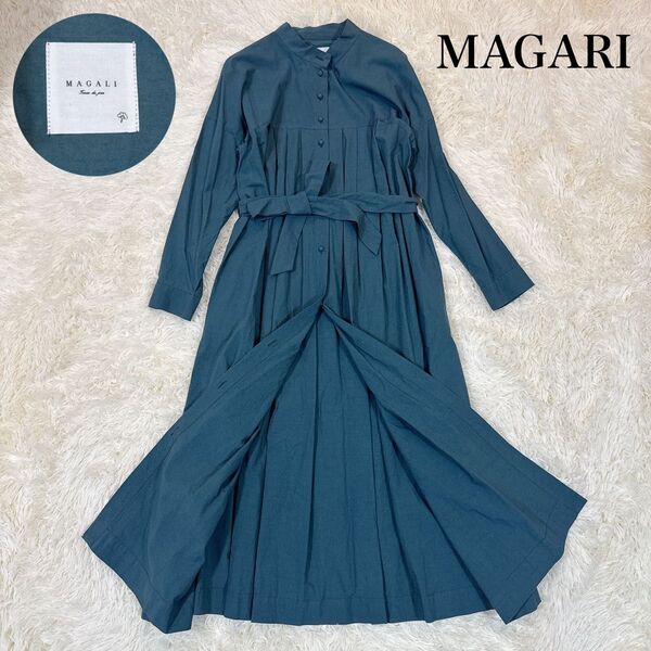極美品 MAGARI 天日干しコットン タックワンピース 2way グリーン ロングワンピース