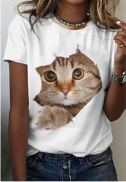 新品 未使用 猫プリント 半袖Tシャツ Lサイズ S(JPーL) ホワイト 白