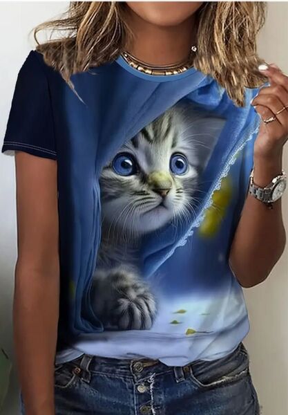 新品 未使用 猫プリント 半袖Tシャツ Lサイズ S(JPーL) ブルー