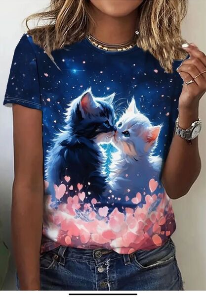 新品 未使用 猫プリント 半袖Tシャツ レディース XL LLサイズ M(JPーXL) ブルー キスする2匹の猫ちゃん