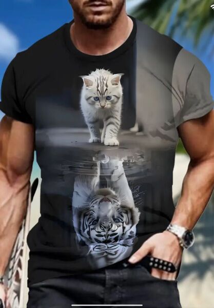 新品 未使用 猫プリント 半袖Tシャツ メンズ XL LLサイズ M(JPーXL) ブラック 子猫と虎