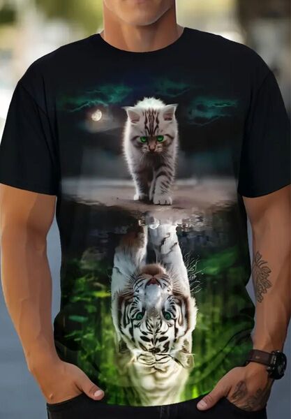 新品 未使用 猫プリント 半袖Tシャツ メンズ XL LLサイズ M (JPーXL) ネイビー×グリーン 子猫と虎