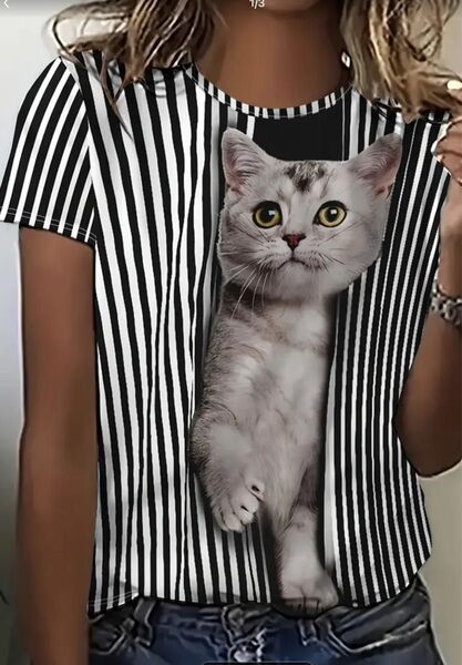 新品 未使用 猫プリント 半袖Tシャツ レディース S/Mサイズ S (JPーS/M ) ブラック×ホワイト ストライプ