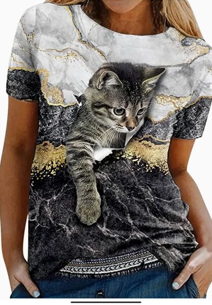 新品 未使用 猫プリント 半袖Tシャツ レディース Mサイズ S(JPーS/M) 大理石猫 とびだす猫