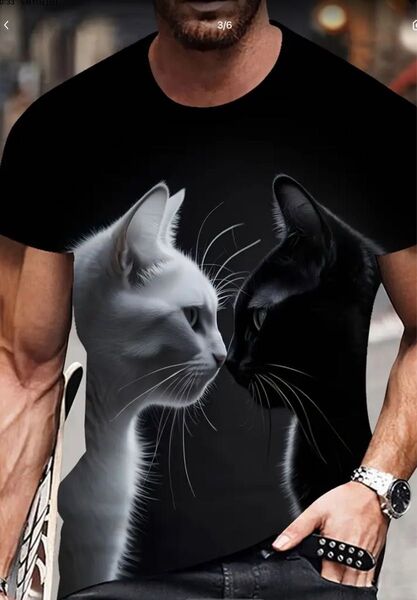新品 未使用 猫プリント 半袖Tシャツ メンズ XL LLサイズ M(JPーXL) 両面プリント ホワイト×ブラック 2匹の猫
