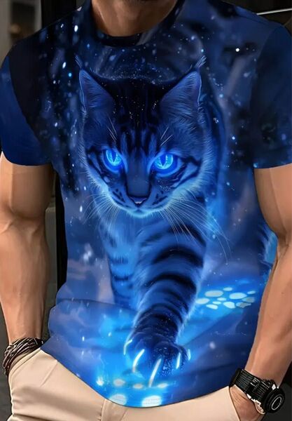 新品 未使用 猫プリント 半袖Tシャツ メンズ XL LLサイズ M(JPーXL) 両面プリント ブルー猫