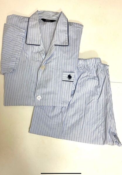 POLO BCS メンズ 半袖パジャマ 前開き 綿100 LLサイズ ストライプ ブルー