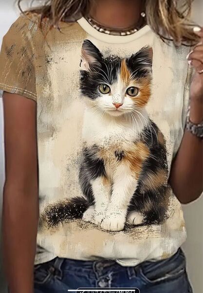 新品 未使用 猫プリント 半袖Tシャツ レディース Lサイズ M(JPーL) 両面プリント ベージュ系