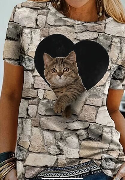 新品 未使用 猫プリント 半袖Tシャツ レディース Lサイズ M(JPーL) カーキ系 覗く猫ちゃん