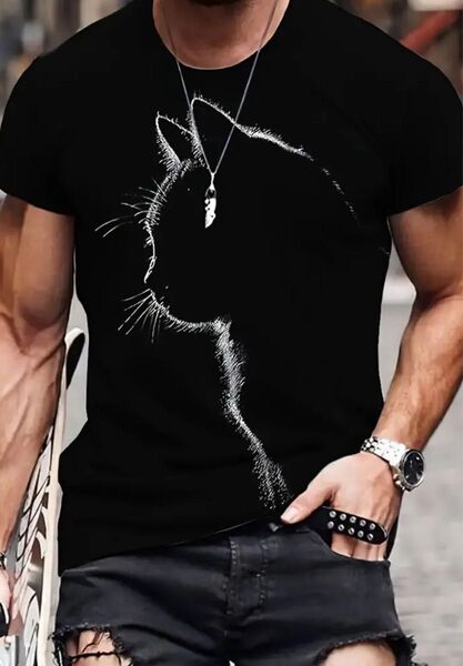 新品 未使用 猫プリント 半袖Tシャツ メンズ XL LLサイズ M(JPーXL) 両面プリント ブラック 黒