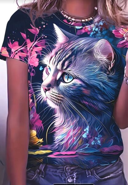 新品 未使用 猫プリント 半袖Tシャツ レディース Lサイズ M(JPーL) 両面プリント ネイビー系 花と猫