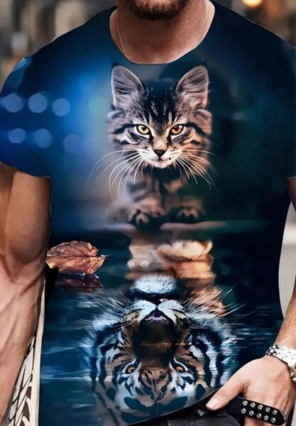 新品 未使用 猫プリント 半袖Tシャツ メンズ XL LLサイズ M(JPーXL) 両面プリント ネイビー×ブルー 猫と虎