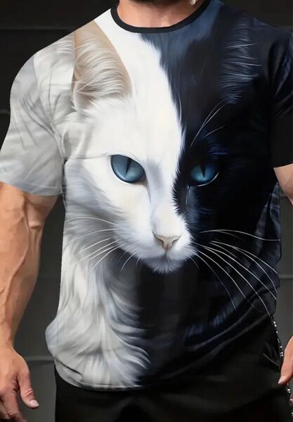 新品 未使用 猫プリント 半袖Tシャツ メンズ XL LLサイズ M(JPーXL) 両面プリント グレー×ネイビー