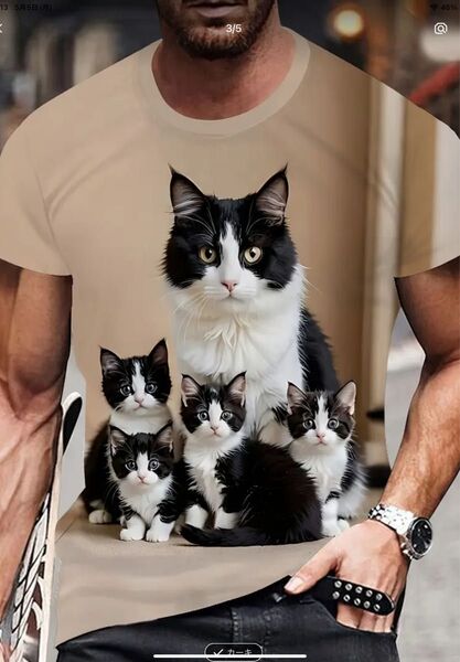 新品 未使用 猫プリント 半袖Tシャツ メンズ Lサイズ S(JPーL) 両面プリント ベージュ系 5匹の猫