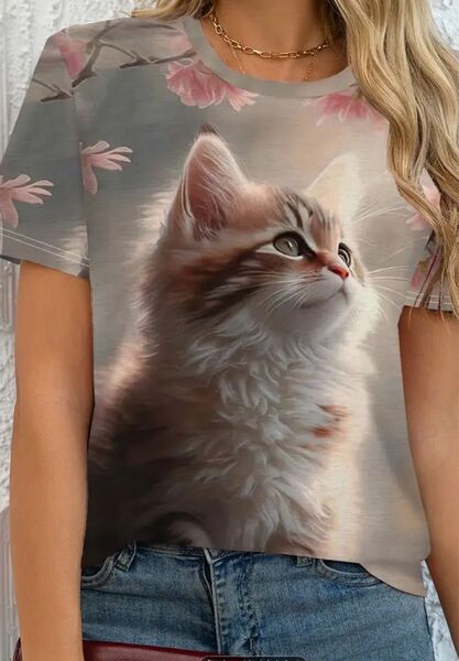 新品 未使用 猫プリント 半袖Tシャツ レディース Lサイズ M(JPーL) ピンクベージュ 花と猫