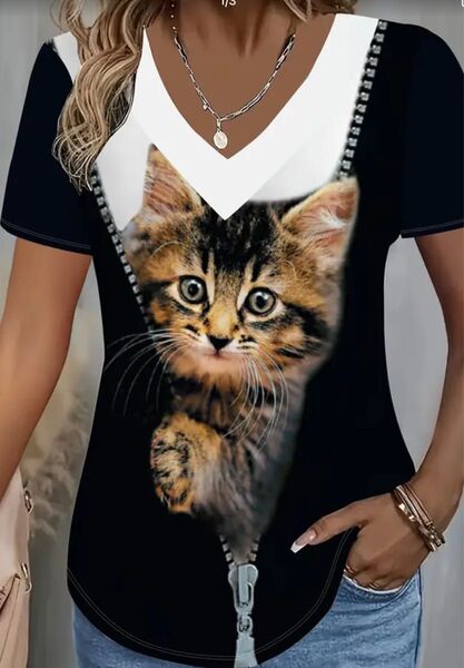 新品 未使用 猫プリント 半袖Tシャツ レディース XL LLサイズ L (JPーXL) Vネック ホワイト×ブラック覗く猫