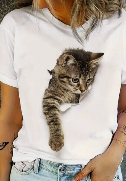 新品 未使用 猫プリント 半袖Tシャツ レディース Lサイズ M(JPーL) ホワイト 白 とびだす猫