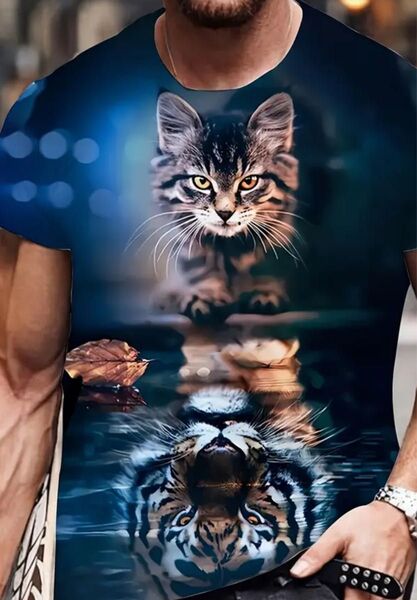 新品 未使用 猫プリント 半袖Tシャツ メンズ XL LLサイズ M(JPーXL) 両面プリント ネイビー×ブルー 猫と虎