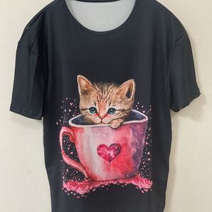新品 未使用 猫プリント 半袖Tシャツ ガールズ 160 レディース ブラック ティーカップ猫