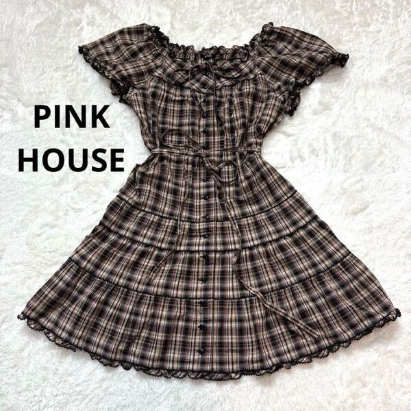 PINK HOUSE ピンクハウス ミニワンピース チェック ティアード リボン 半袖