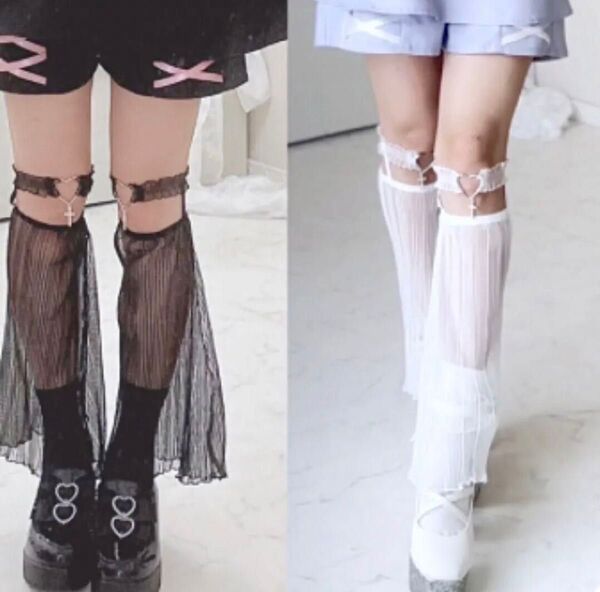 新品 眞白ありす ハート&クロス ガーター付き シアープリーツレッグカバー 白黒 2点セット 40㎝丈 ロリータ レッグウォーマー