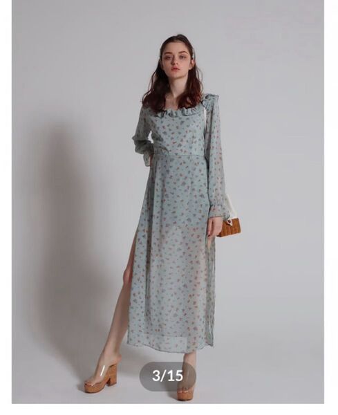 エピヌslit frill ballerina neck onepiece ブルー 花柄 スリッド ワンピース 小花柄 可愛い