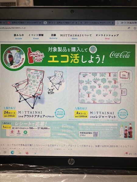 送料込♪当選品!コカコーラ×MOTTAINAI レジャーマット&チェア 2脚♪