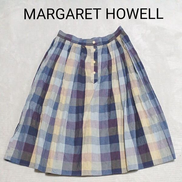 【72】MARGARET HOWELL ◆チェック柄タック入りスカート(コットンリネン)