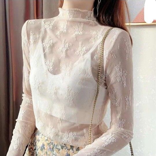 ハイネック レディース シースルー トップス レース 透け感 重ね着 伸縮性 シアーシャツ 長袖 花柄 可愛い