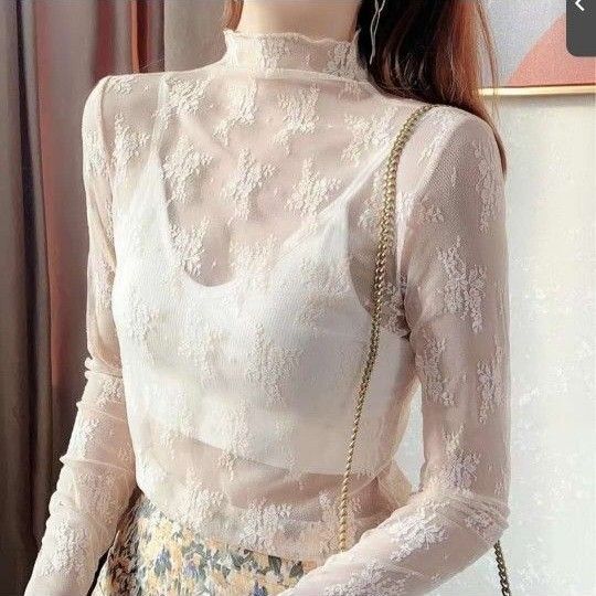 ハイネック レディース シースルー トップス レース 透け感 重ね着 伸縮性 シアーシャツ 長袖 花柄 可愛い