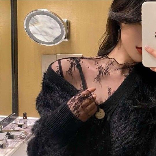 ハイネック レディース シースルー トップス レース 透け感 重ね着 伸縮性 シアーシャツ 長袖 花柄 可愛い