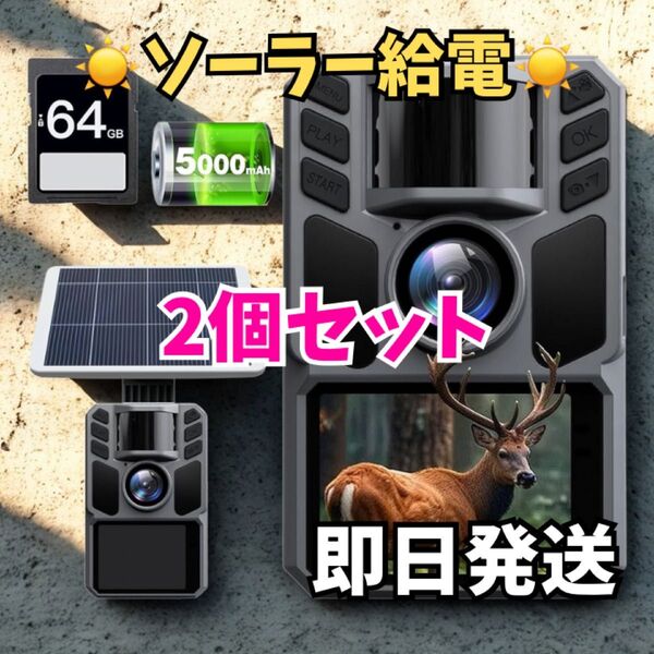 【2個セット】トレイルカメラ ソーラー式 野生動物 4K 高画質 64GB 高速 暗視 アクションカメラ ビデオ 防犯カメラ