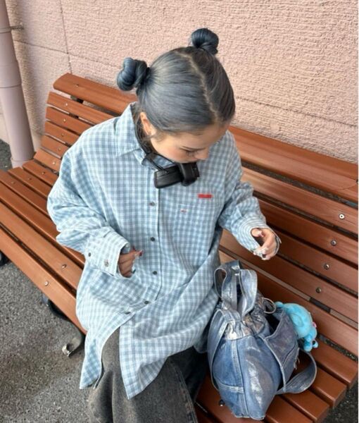 《JEANASIS》ストリートアソートBIGシャツ 【25quee】 シャツ トップス 長袖 ブルー 水色 チェック