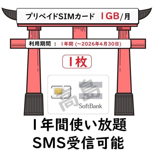 プリペイドSIMカード SOFTBANK回線 データ通信 1GB/月 一年間利用 SMS受信可