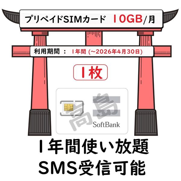 プリペイドSIMカード SOFTBANK回線 データ通信 10GB/月 一年間利用 SMS受信可