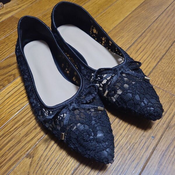 GRL 黒 レース ポインテッドトゥ フラットシューズ 24.5cm パンプス
