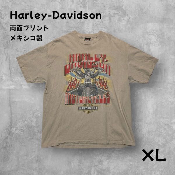 ハーレーダビッドソン スカルライダー Tシャツ 両面プリント XLサイズ ベージュ フレイム ハーレーT ドクロ オーバーサイズ