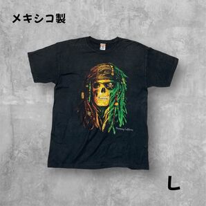ドクロ パイレーツ Tシャツ Lサイズ ブラックハーレー系 バイカー ストリート ラスタカラー ドレッドヘア 半袖 メキシコ製