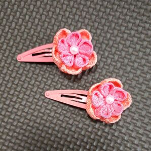 ⑨つまみ細工 髪飾り 2個セット ピンク×オレンジ パールビーズ