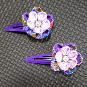 10つまみ細工 髪飾り 2個セット ピンク 紫 パール ヘアアクセサリー
