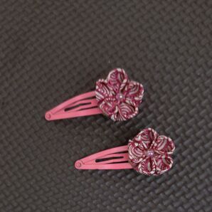 27 つまみ細工 ヘアピン 2個セット ピンク 花 親子