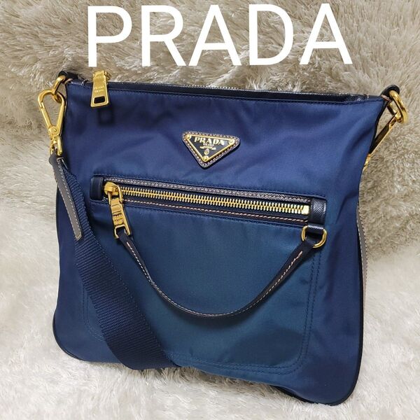 PRADA プラダ ショルダー バッグ ナイロン レザー ゴールド 金具 BT0712 斜め掛け クロスボディ ネイビー